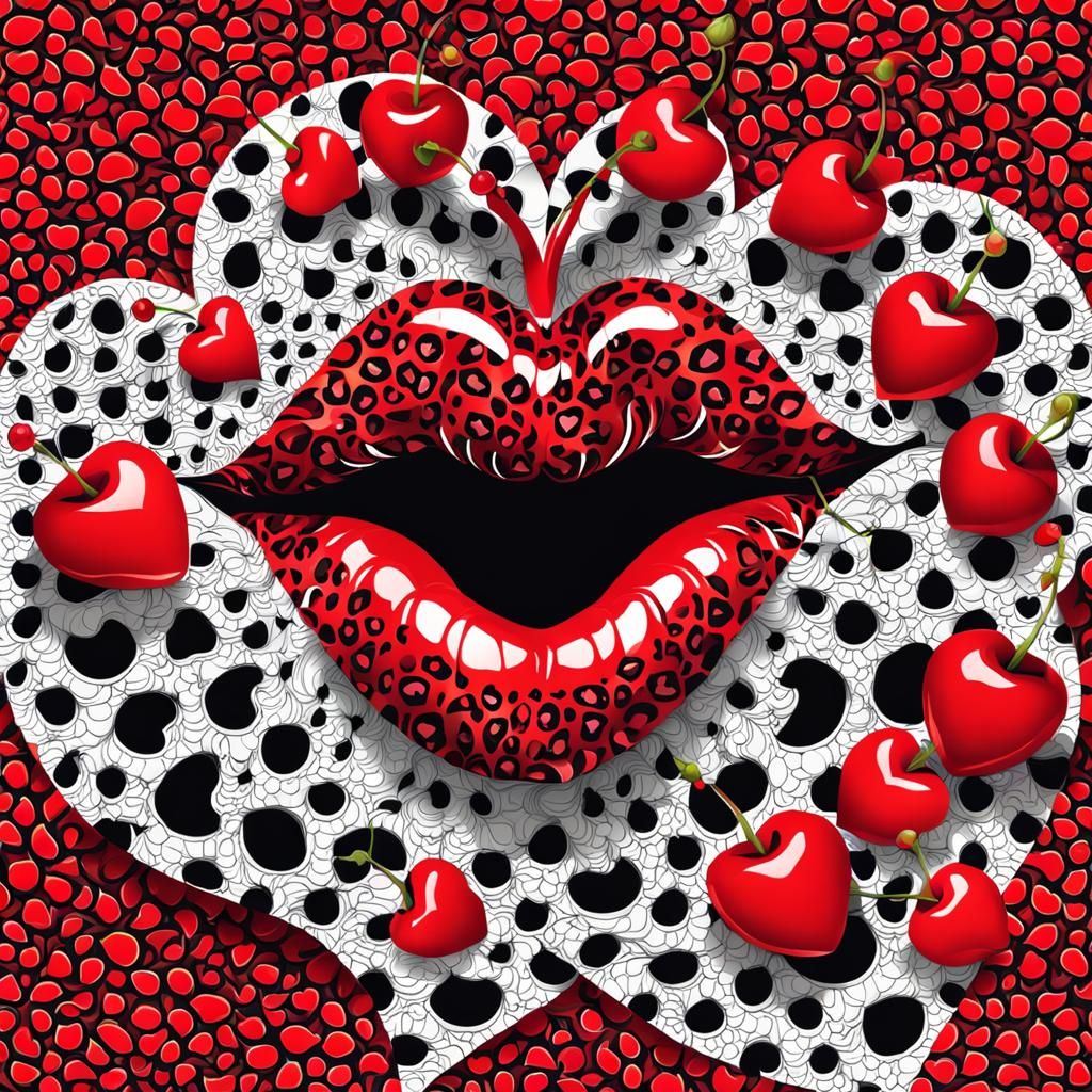 Heart Cherries with Leopard Lips: Abstract 3D Design