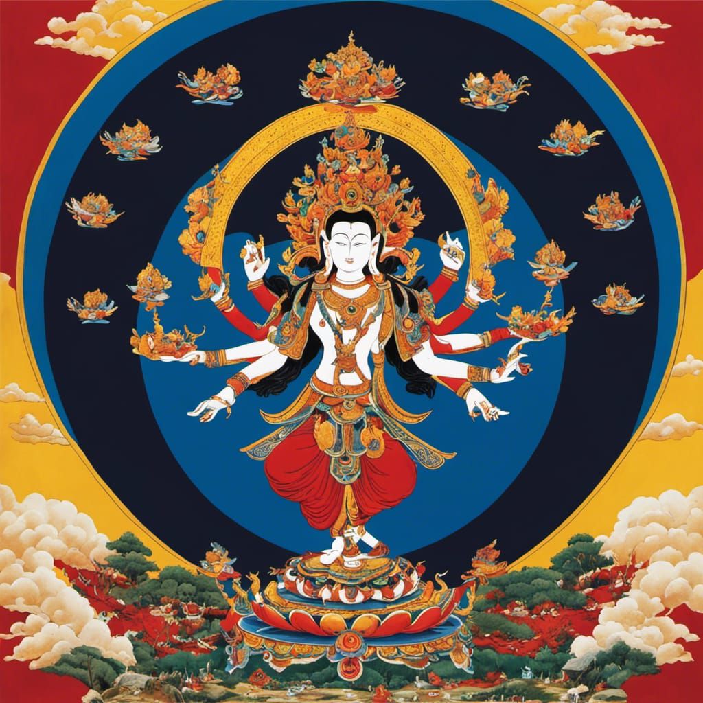 Multi-Armed Tibetan Deity in Bioluminescent Galaxy