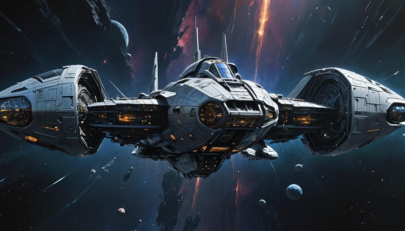 Interstellar Starship Fortress Soaring Through Space