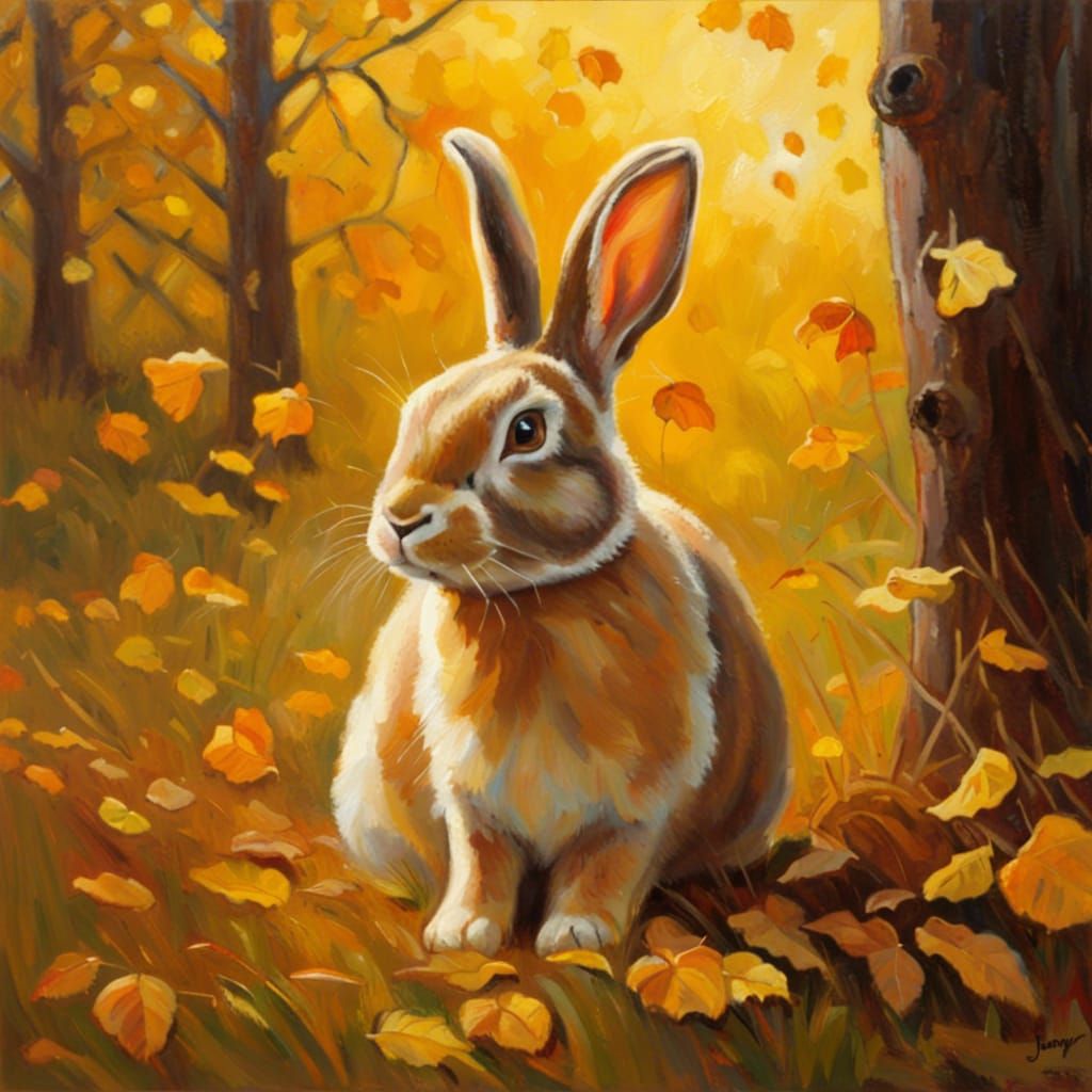 Rabbit in Autumn Meadow, Oil Painting Style