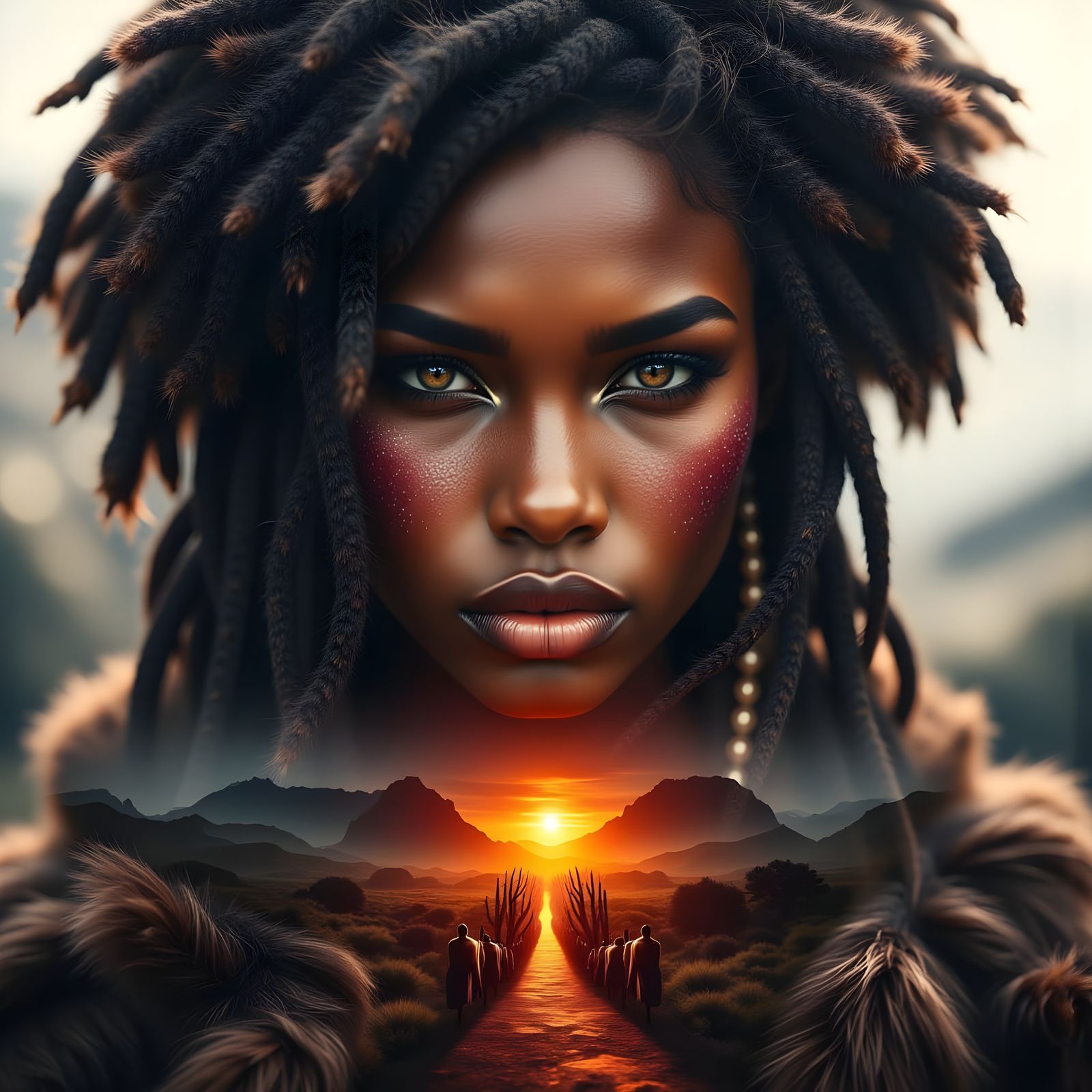 African Cavewoman Stardust Portrait in Mystical Landscape