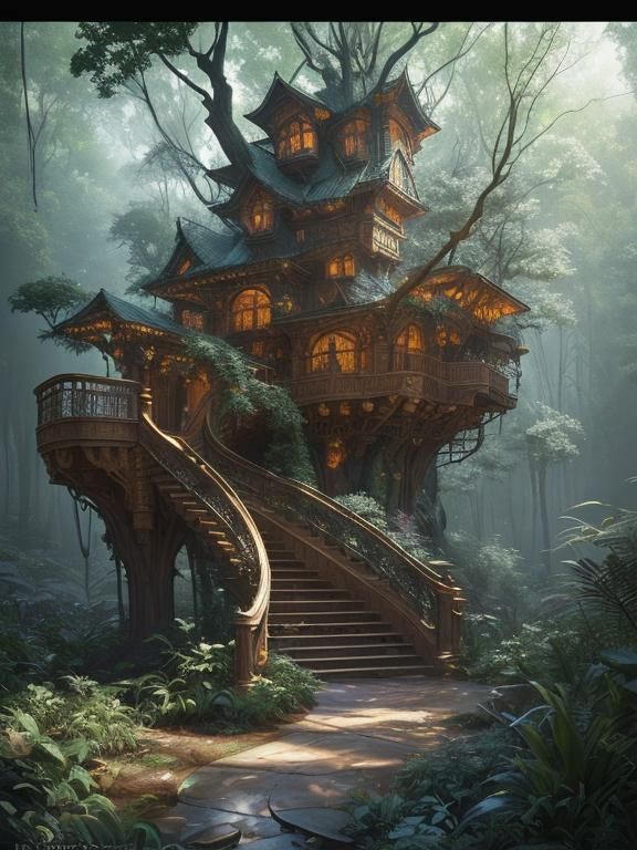 Palatial Forest Treehouse Floral Masterpiece in Surreal Styl...