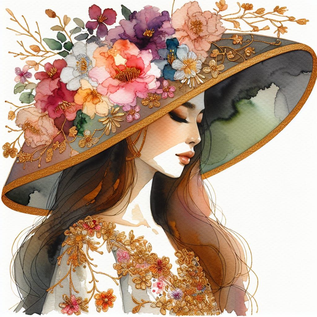 Woman in Floral Hat: Watercolor and Alcohol Ink Art