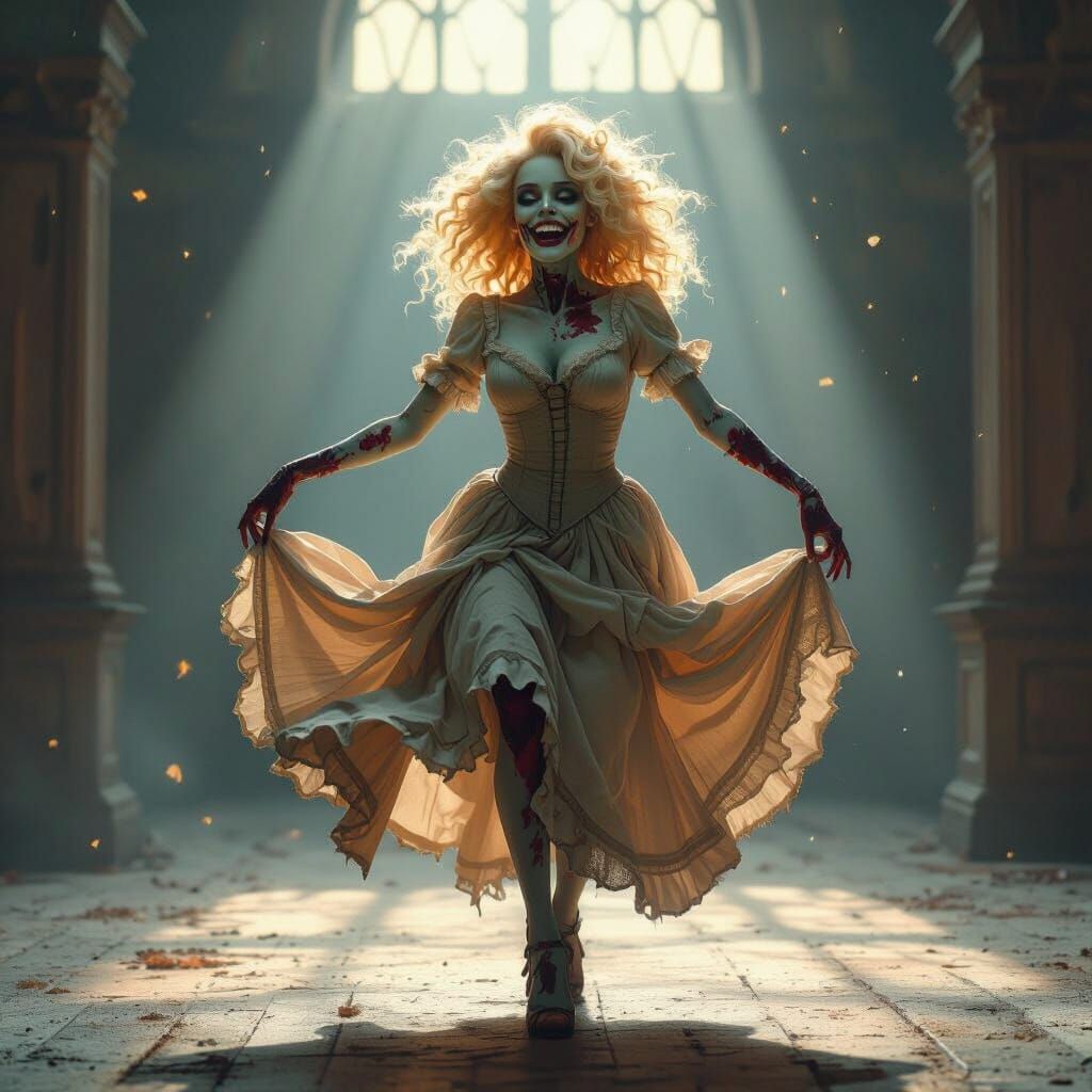 Zombie Woman Dancing in Moonlight Ballroom