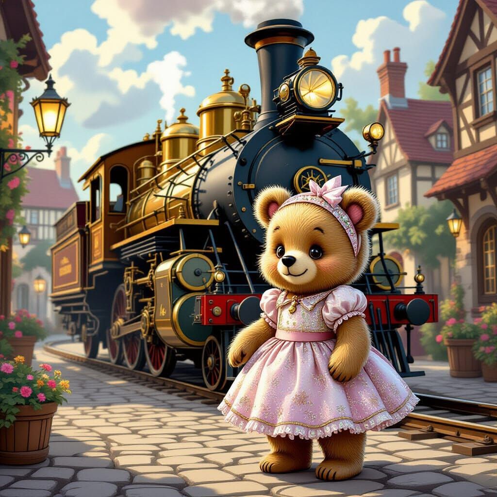 Steampunk Town Bear in Whimsical Storybook Style