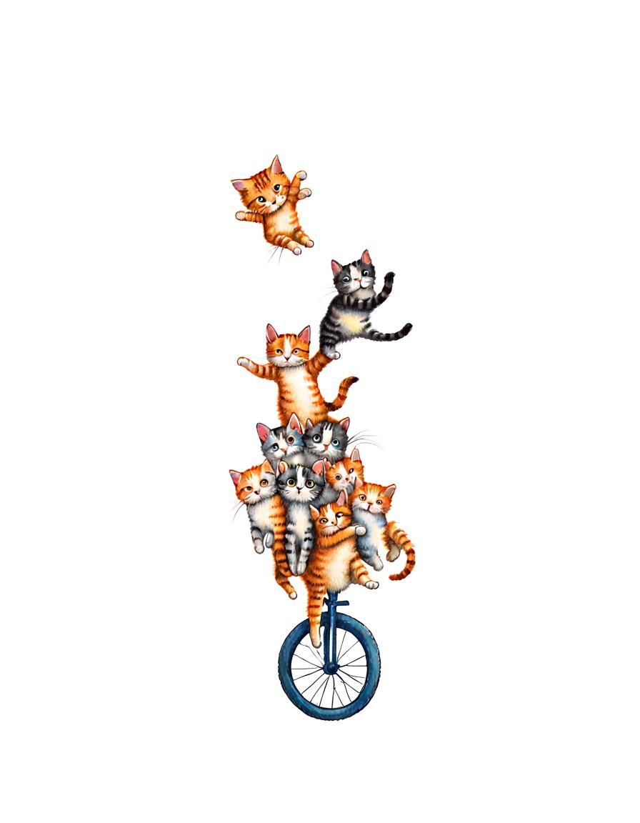 Acrobatic Cats on Unicycle: Whimsical Storybook Illustration