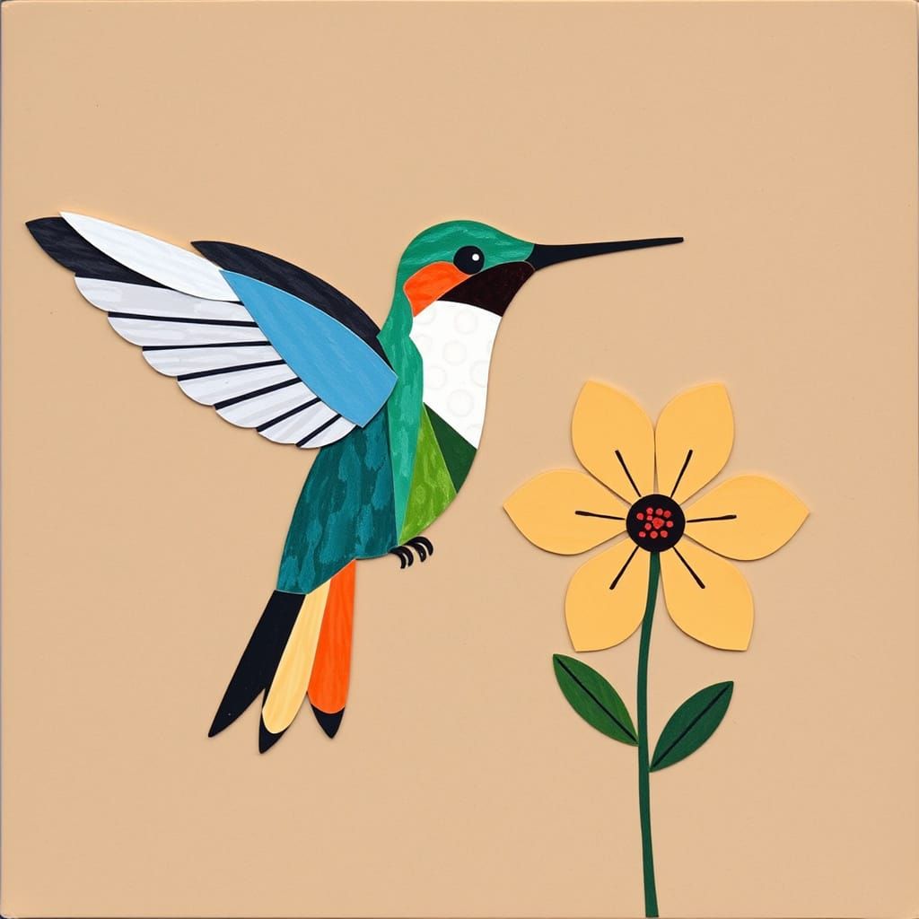Vibrant Hummingbird Mixed Media Artwork in Folk Style