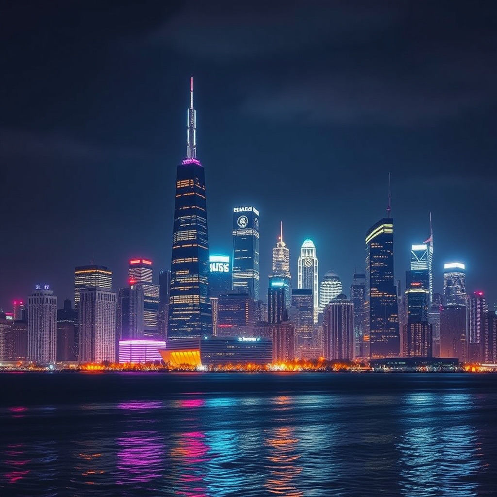 Chicago Skyline at Night in Futuristic Style