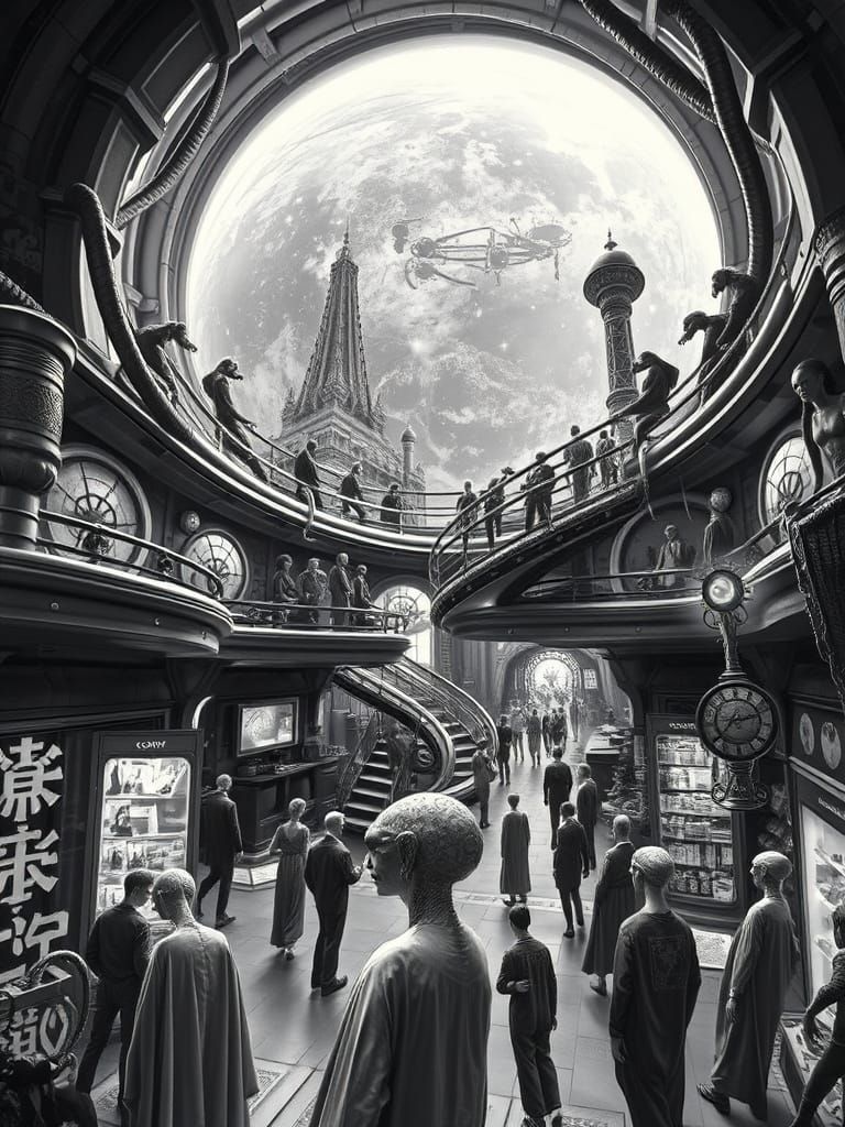 Ethereal Retrofuture Orbital Station on a Breathtaking Alien...