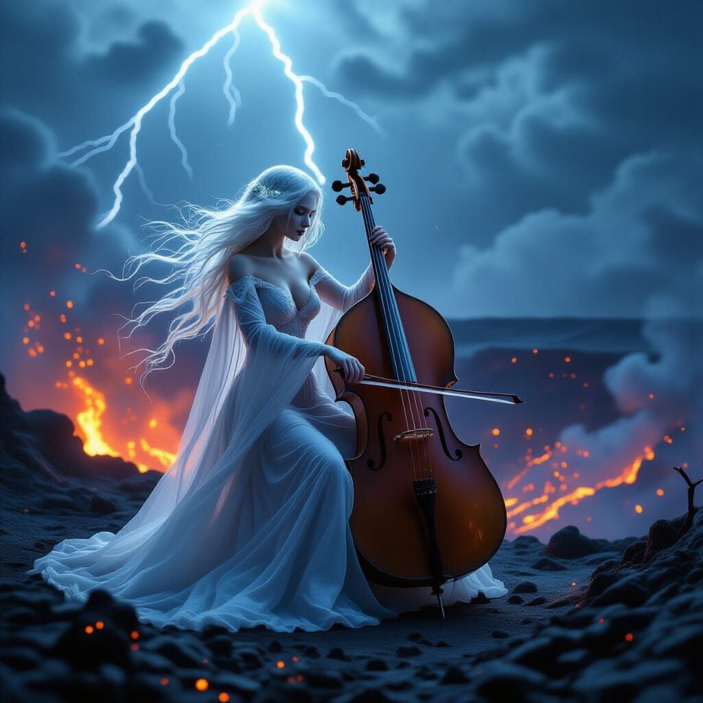 Ghostly Cellist Plays Lava-Lit Cello in Volcanic Storm