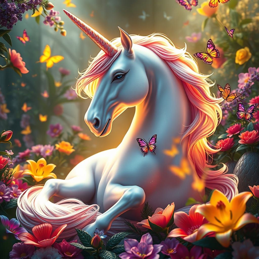 A majestic unicorn, its coat gleaming white, rests amidst a vibrant garden of colorful flowers and sparkling gems. Its r...