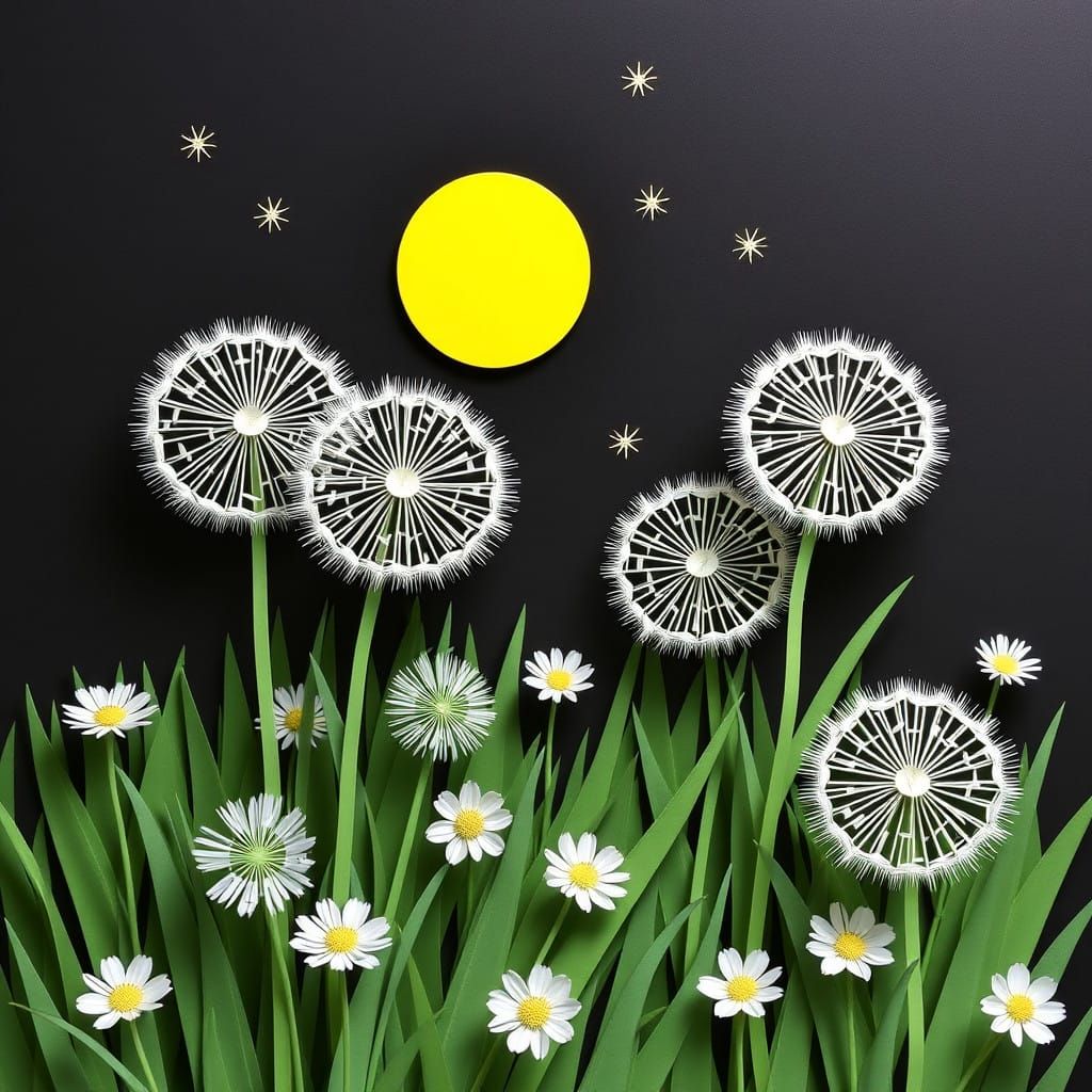Paper Cutouts of Dandelions in a Vibrant Field