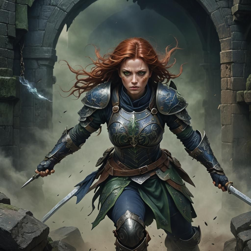 Warrior Woman Leaping to Attack in Dungeon