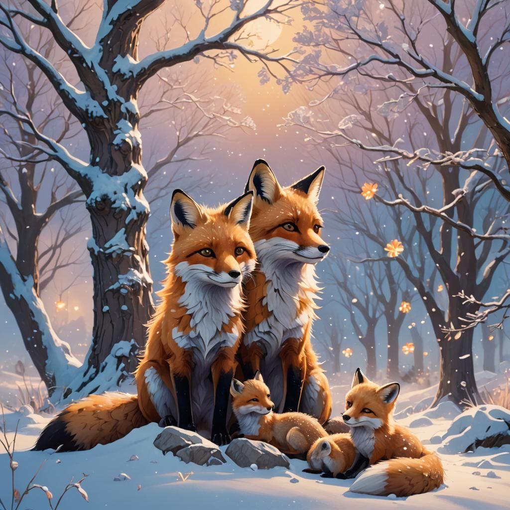 Fox Family in Winter Wonderland: Miyazaki-Inspired Art