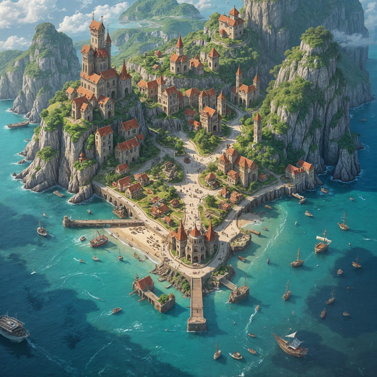 Fantasy Cityscape with Cliffs and Caves