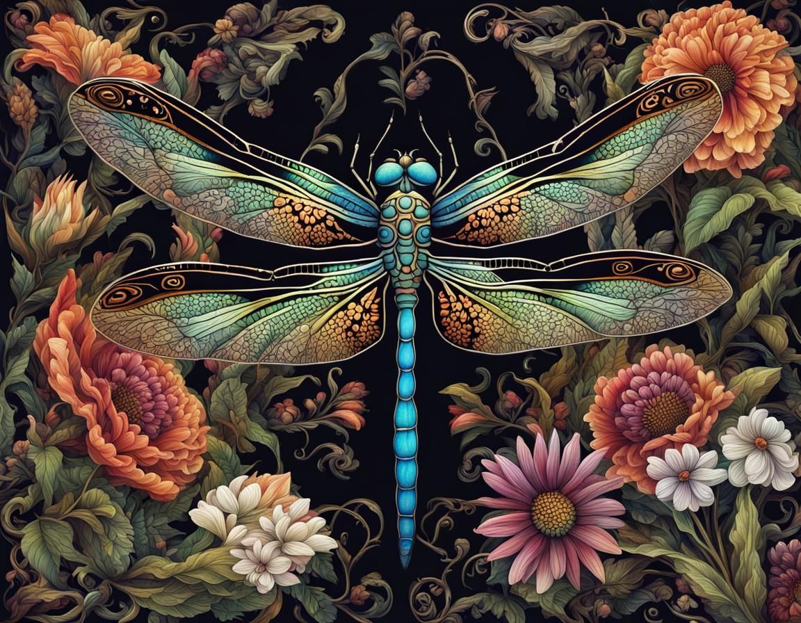 Dark Academia Dragonfly with Flowers
