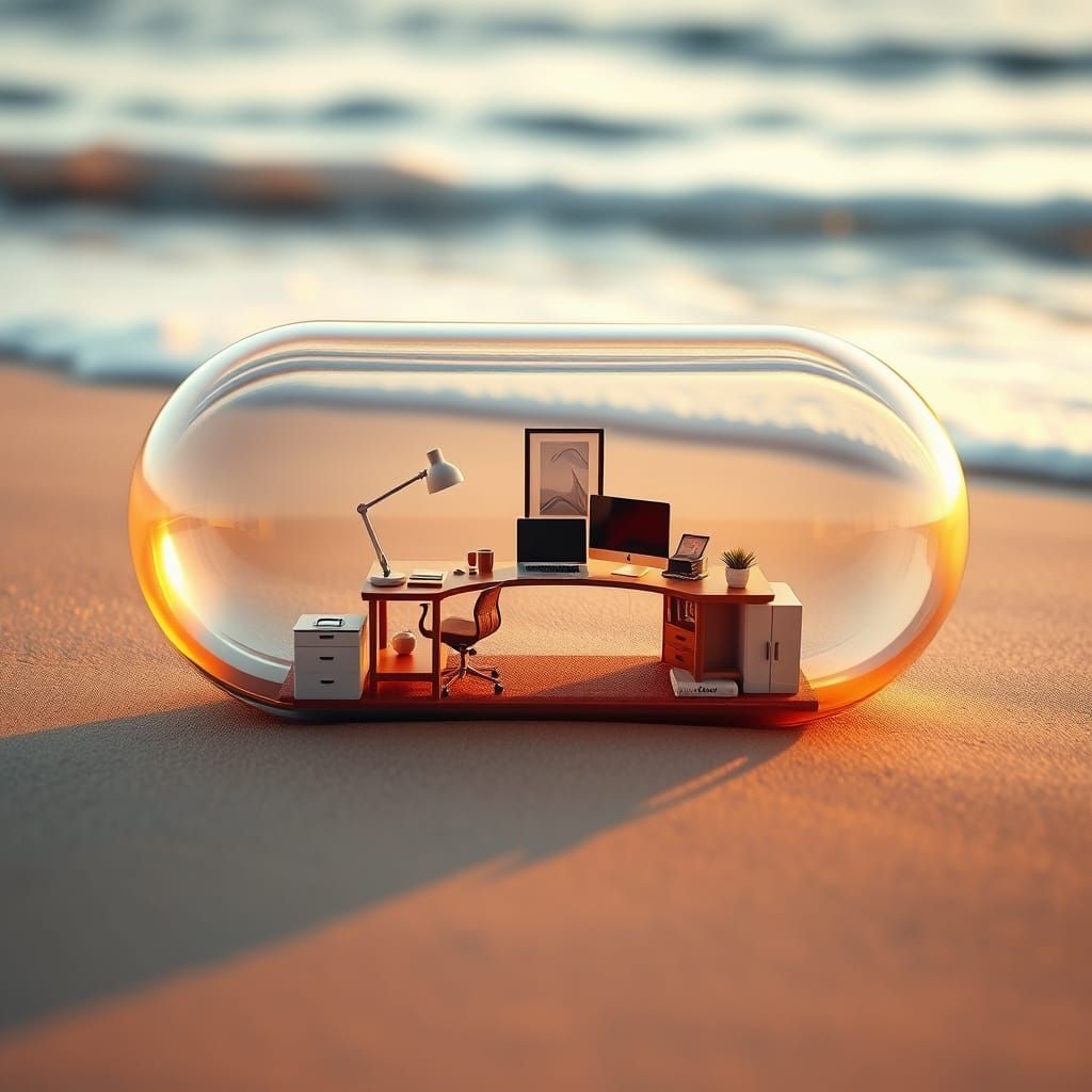 Miniature Office in Pill Capsule on Beach