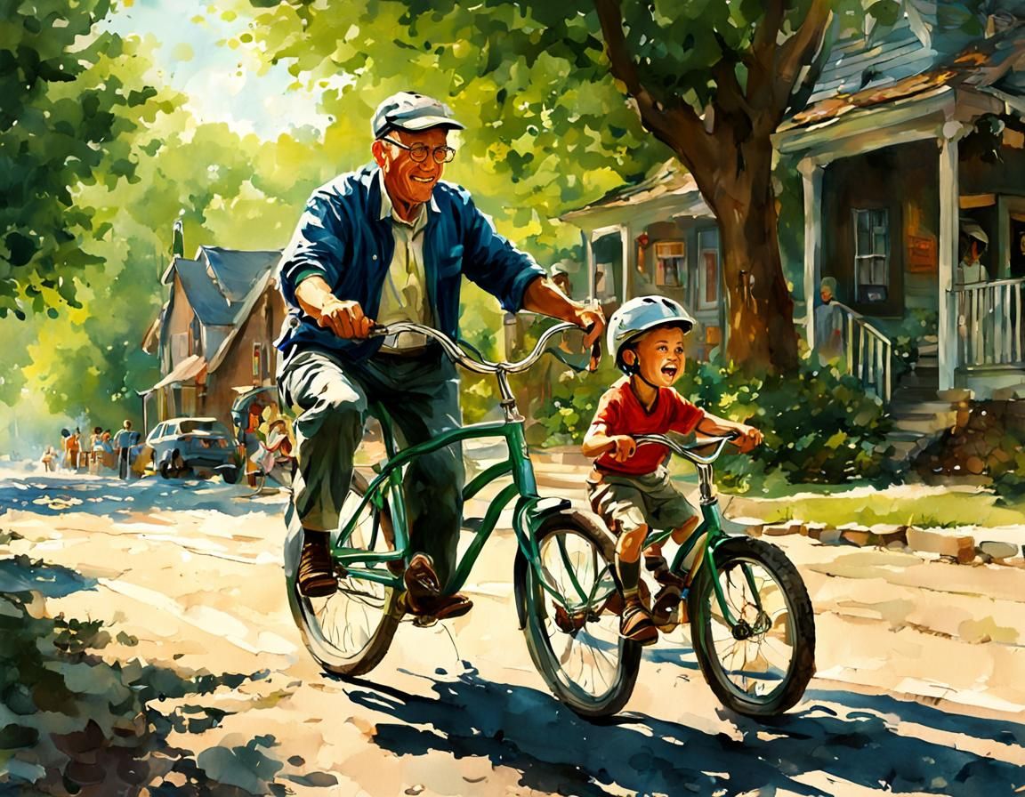 Father and Child Riding Bike, Watercolor Illustration