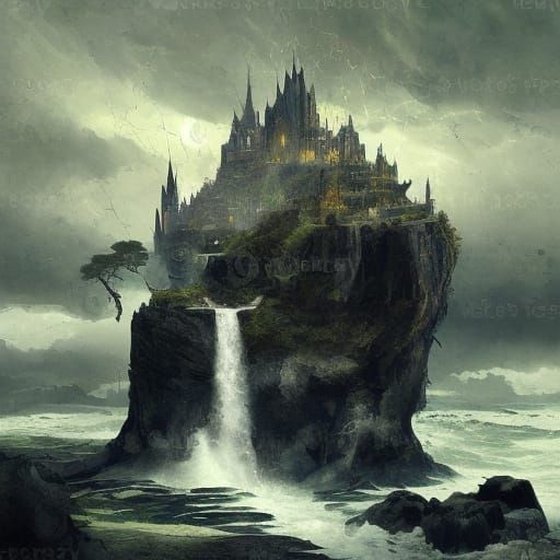 Gothic Castle Overlooking Stormy Sea in Dark Fantasy Style