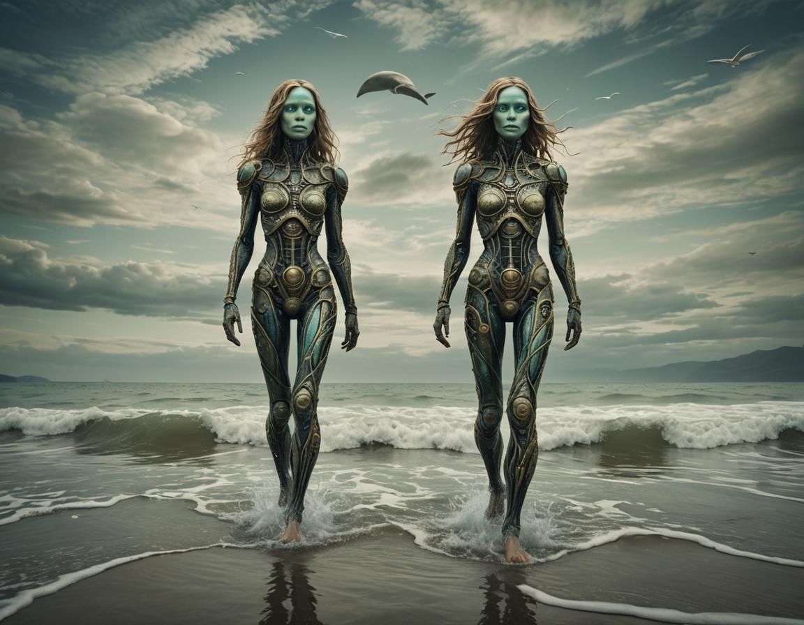 Surreal Alien Art: Woman Walking in the Sea