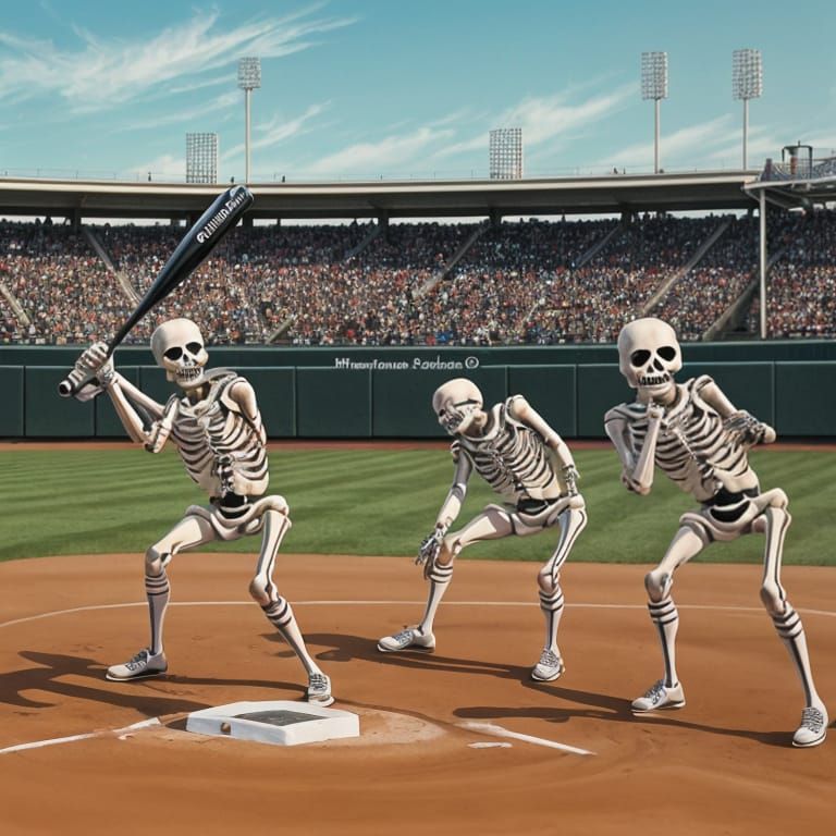 Skeletons Playing Baseball in a Whimsical Scene