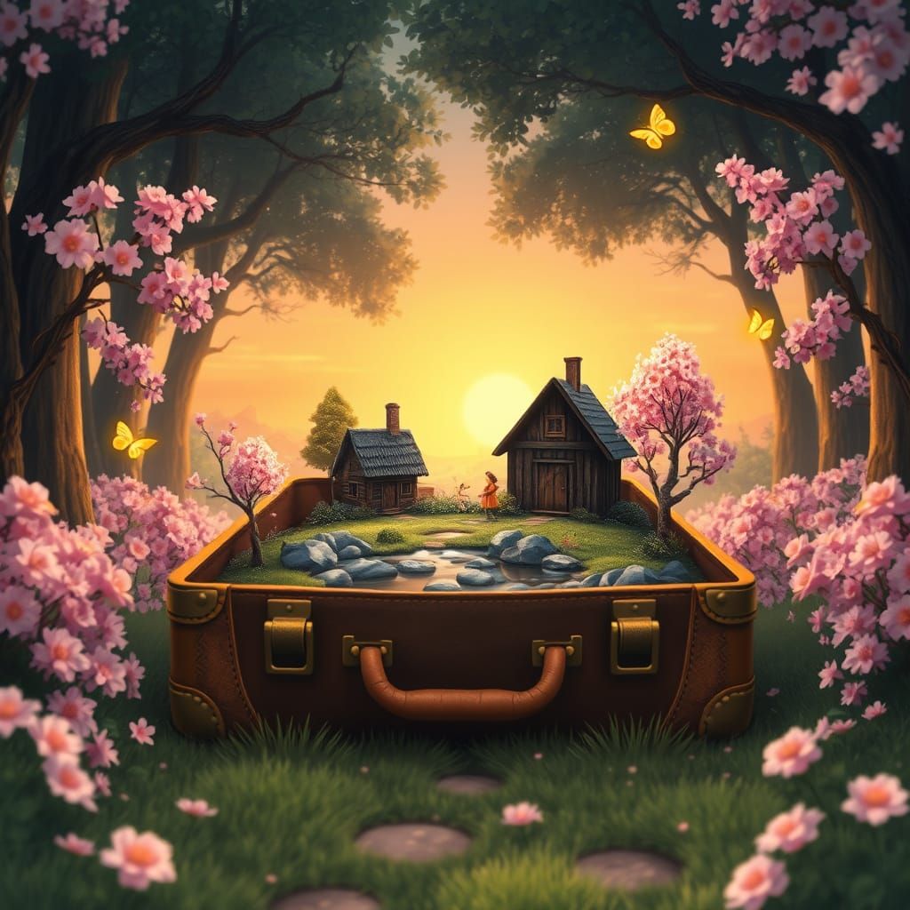Miniature World in Suitcase, Whimsical Fantasy Scene