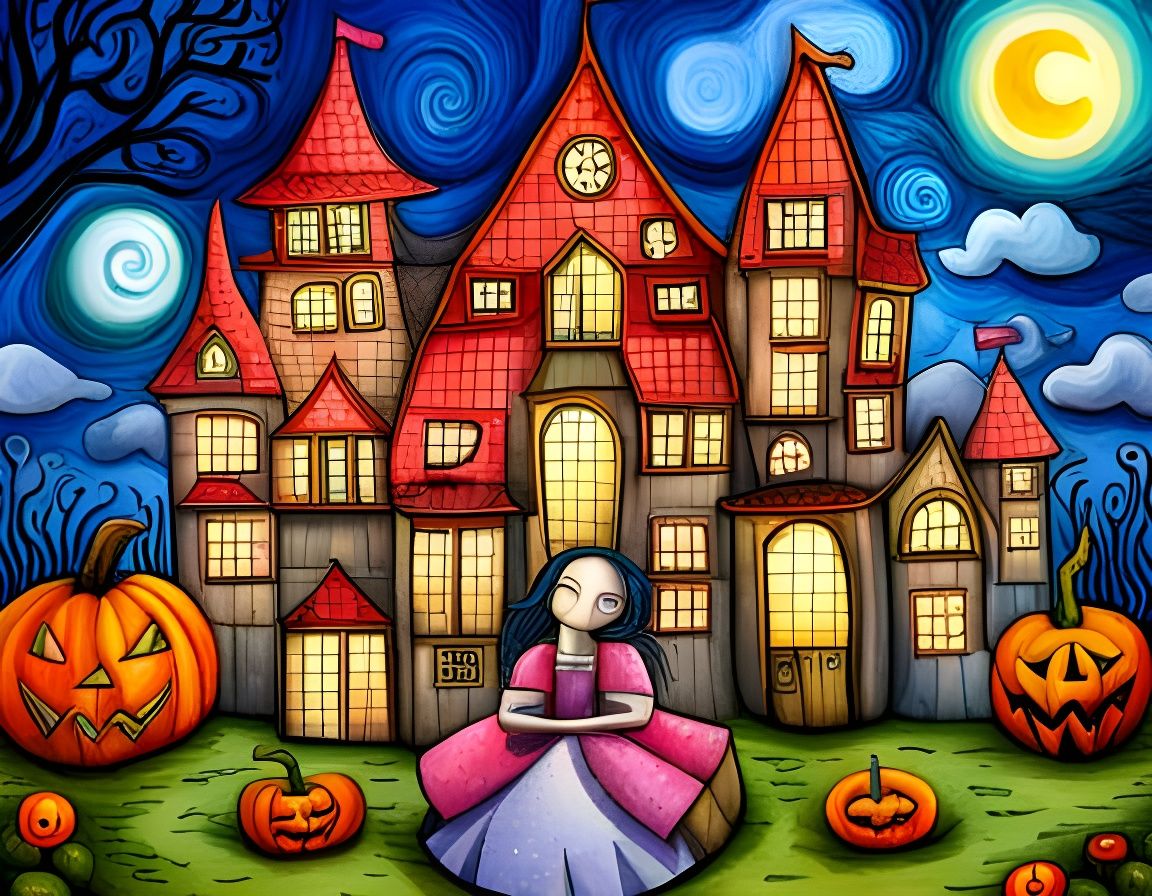 Adorable Halloween Princess in Cubist Watercolor Style