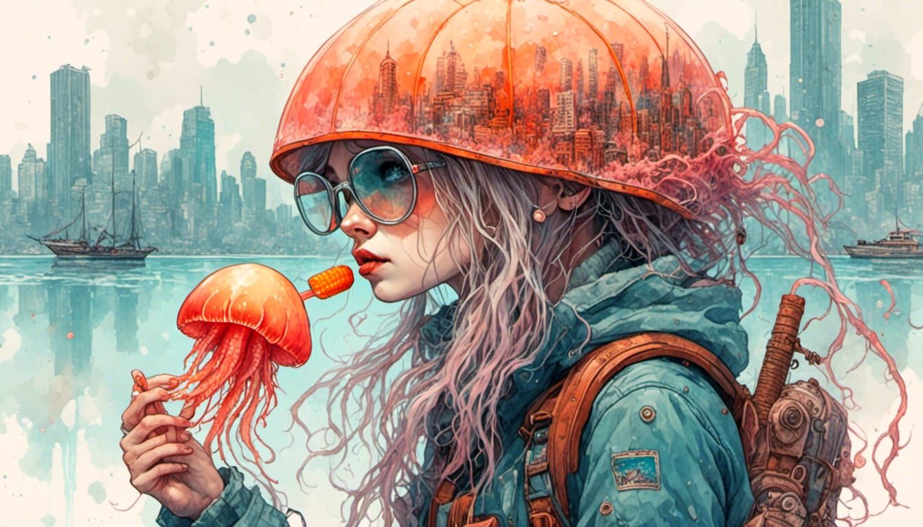 Cyberpunk Girl Eats Popsicle Amid Burning Cityscape