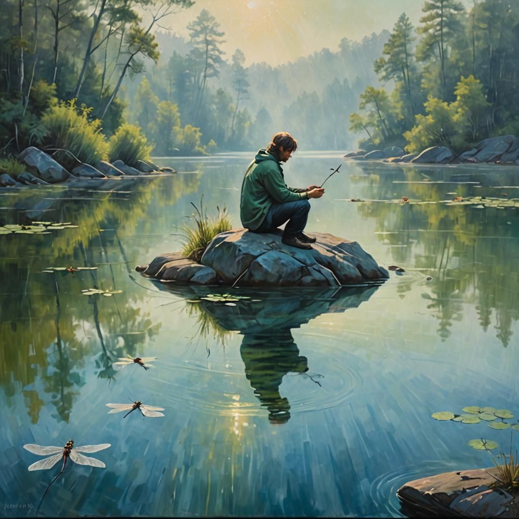 Meditative Man with Dragonfly in Surreal Landscape