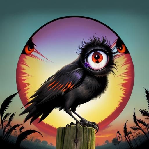 Crow with Huge Eye in Swampy River, Color Print