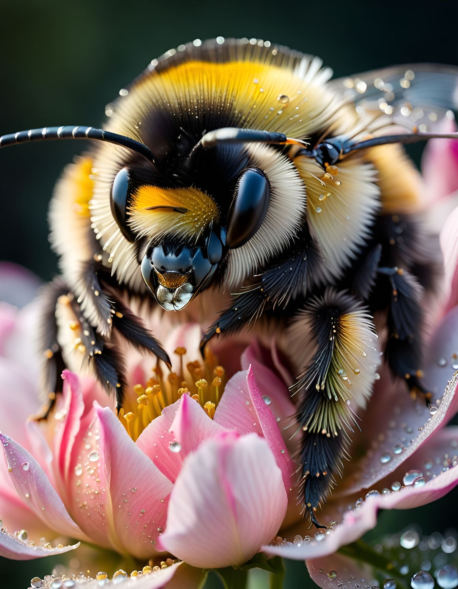 Detailed Bumblebee on Dewy Rose Petal