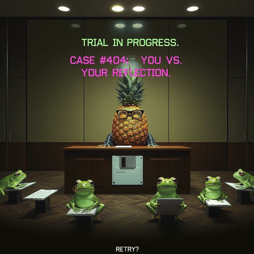 Glass Courtroom with Pineapple Judge: Surreal Scene