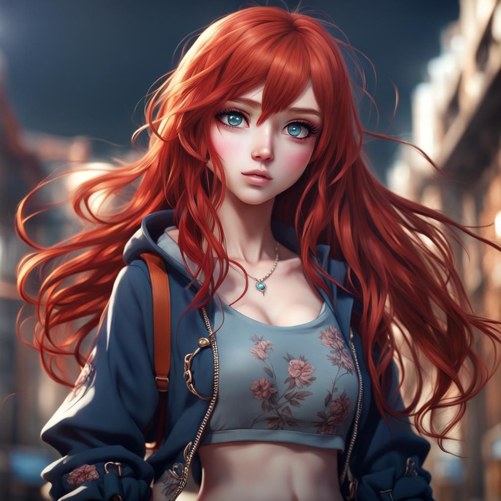 Cute Anime Girl with Red Hair and Boots