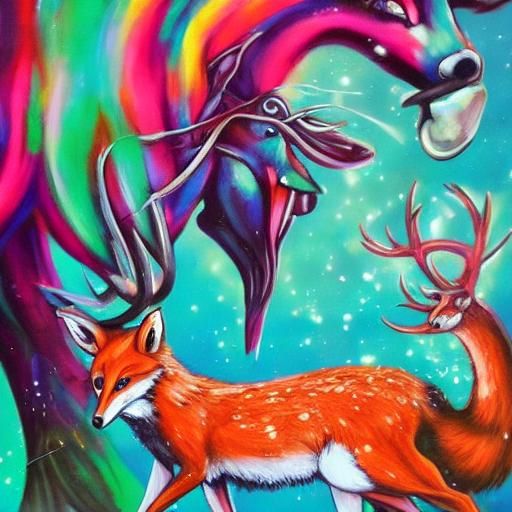 Fox Eats Deer in Colorful Graffiti Street Art