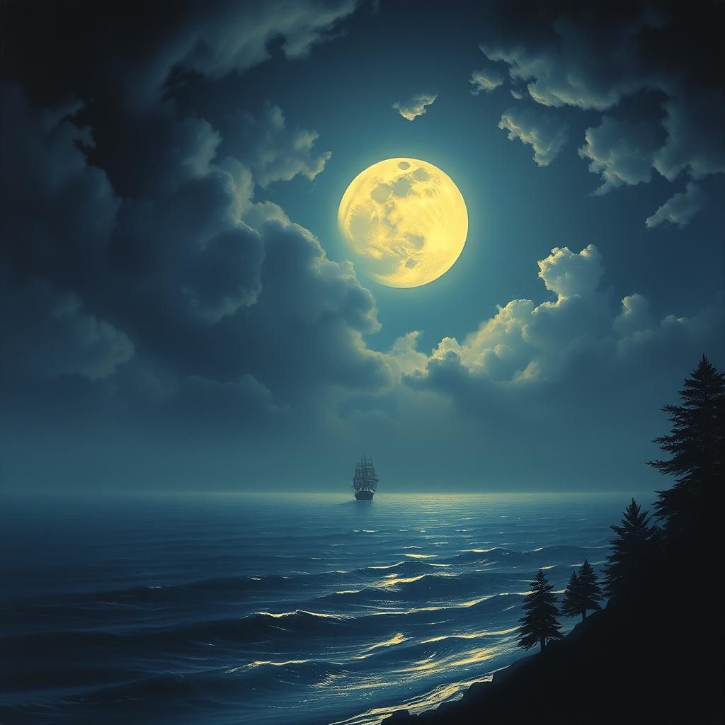Moonlit Seascape with Distant Ship, Romanticism Style