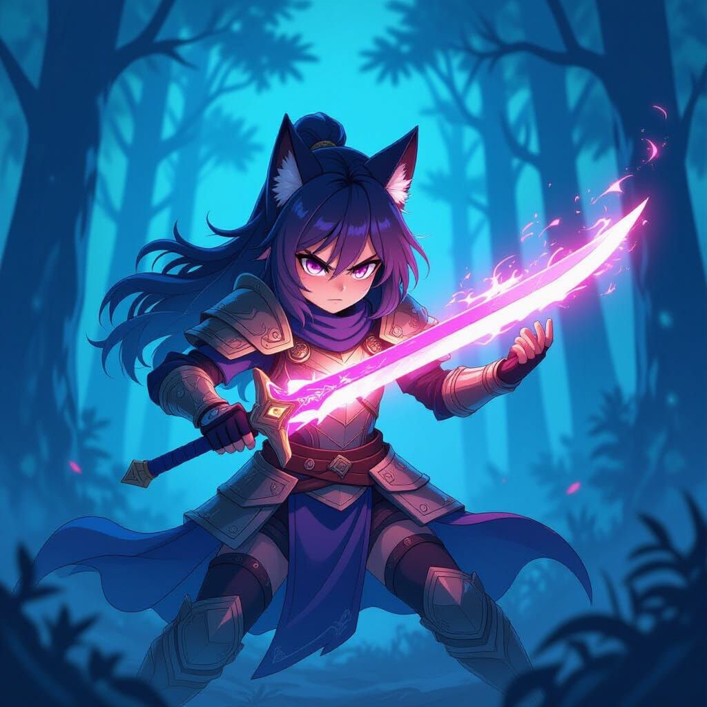 Anime Wolf Warrior Girl with Energy Sword in Mystical Forest
