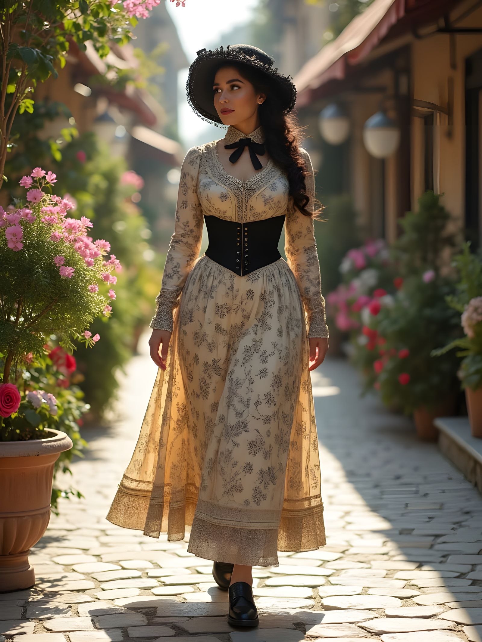 Victorian Woman in Floral Dress Walking in City