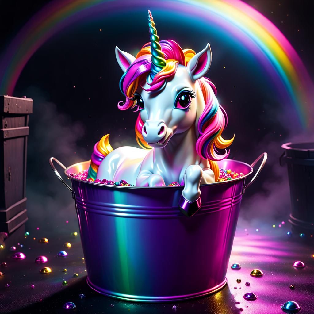 Iridescent Unicorn in Bucket: Dark Fantasy Concept Art