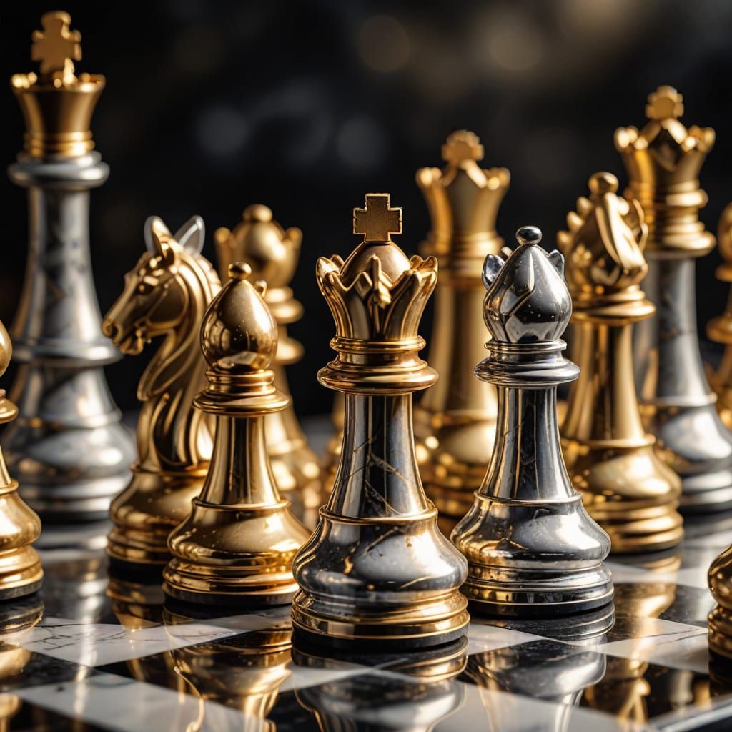 Luxurious Hyper-Realistic Marble Chess Board with Gold and S...