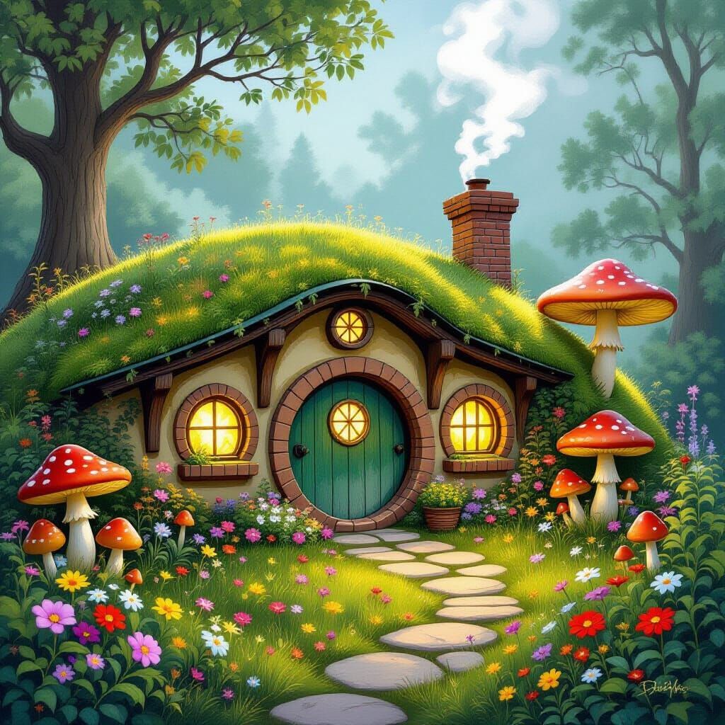 Cozy Hobbit Hole in Lush Garden, Storybook Art Style