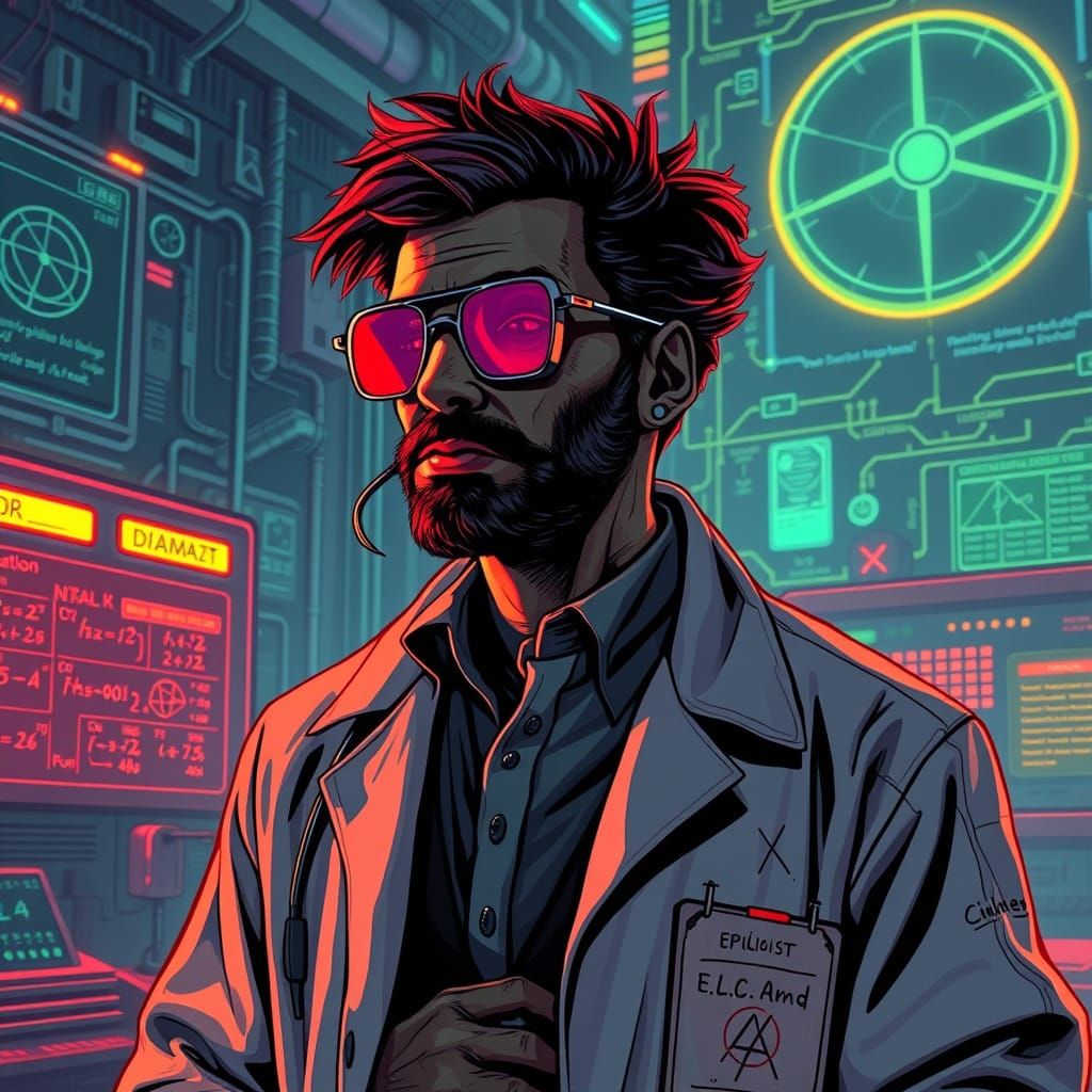Futuristic Soulist Scholar in Neon-Lit Lab