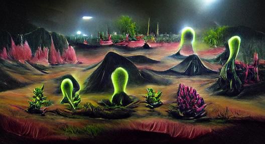 Bizarre Alien Landscape with Glowing Plants