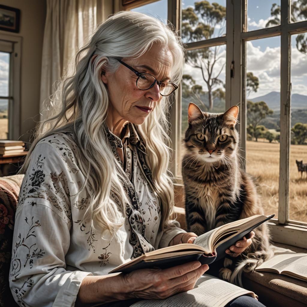 Woman Reading with Cat Overlooking Australian Landscape