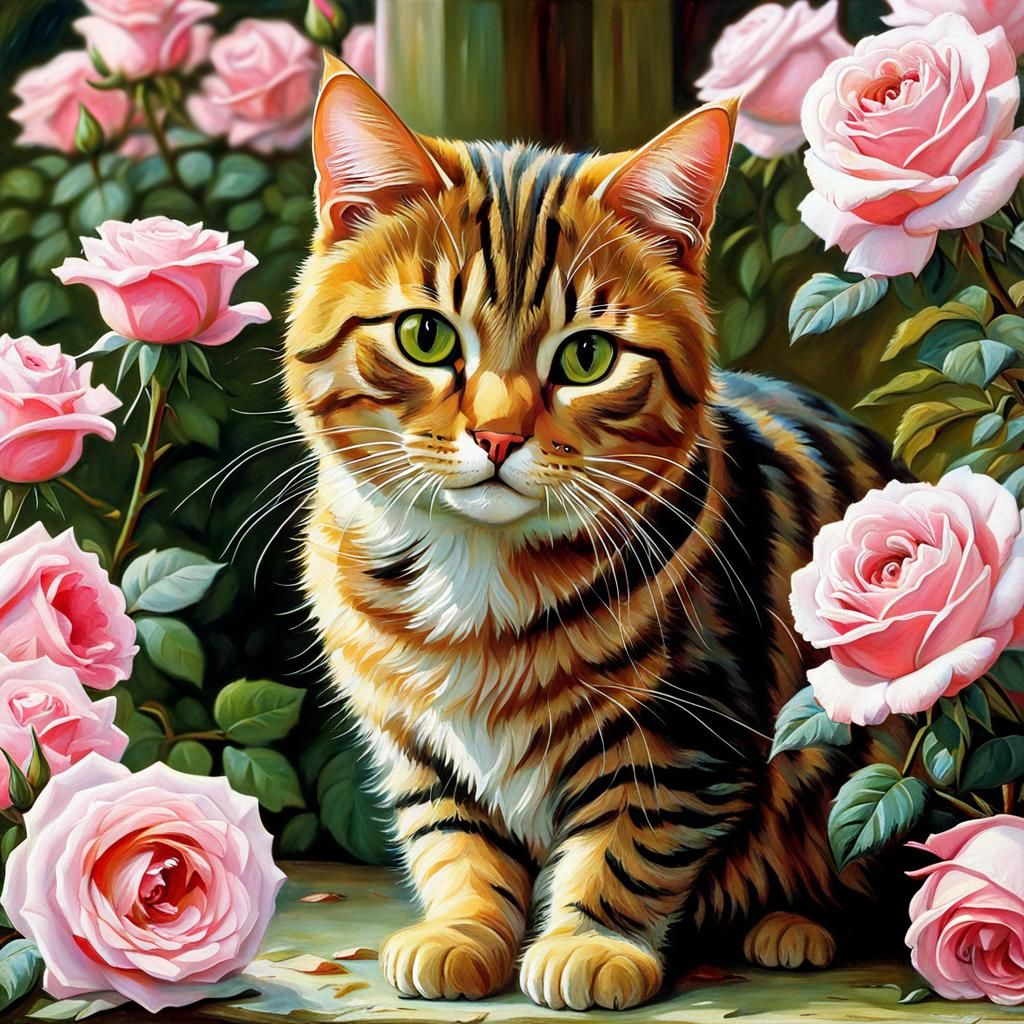 Tabby Cat in Roses, Pre-Raphaelite Style