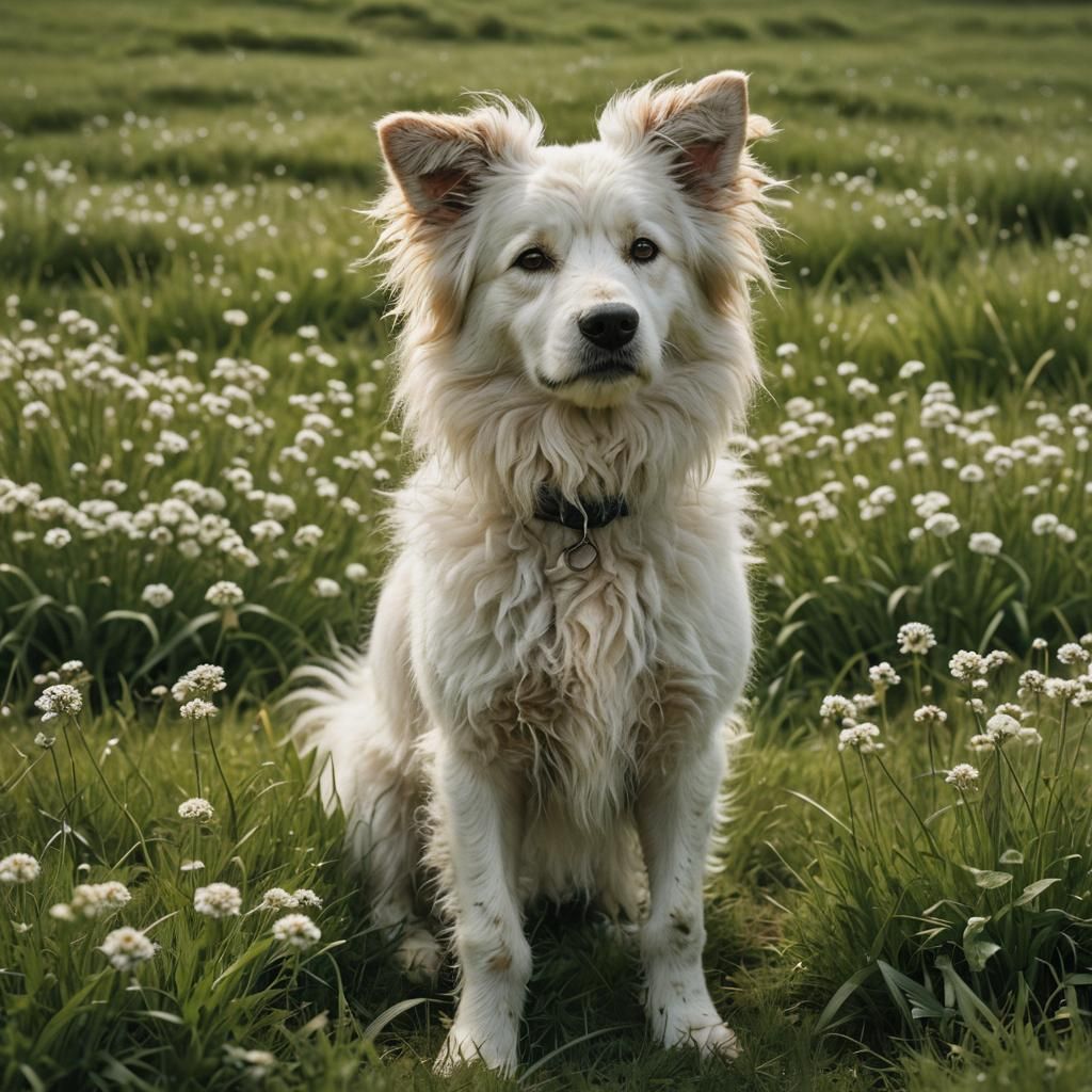 Fluffy White Shetland Pony in Green Meadow