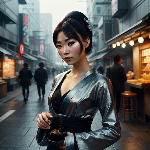 Cyberpunk Geisha Streetgirl Enjoying Ramen