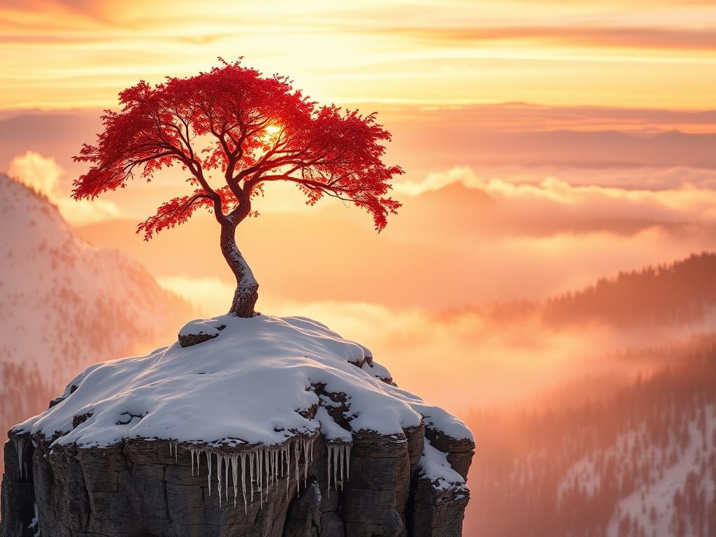 Majestic Tree in Crimson Glory Amidst Winter Wonderland