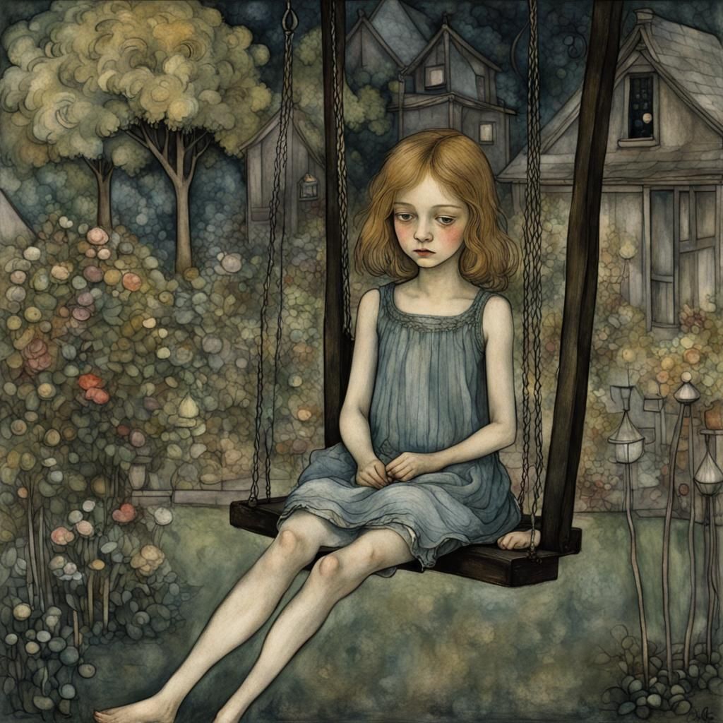 Girl on Swing in Garden: Rackham and Klee Style