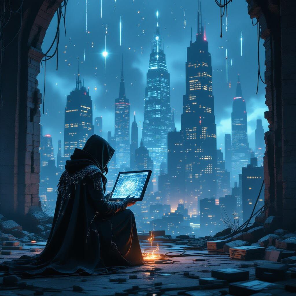 Technomancer Kneels in Digital Cathedral of City Ruins