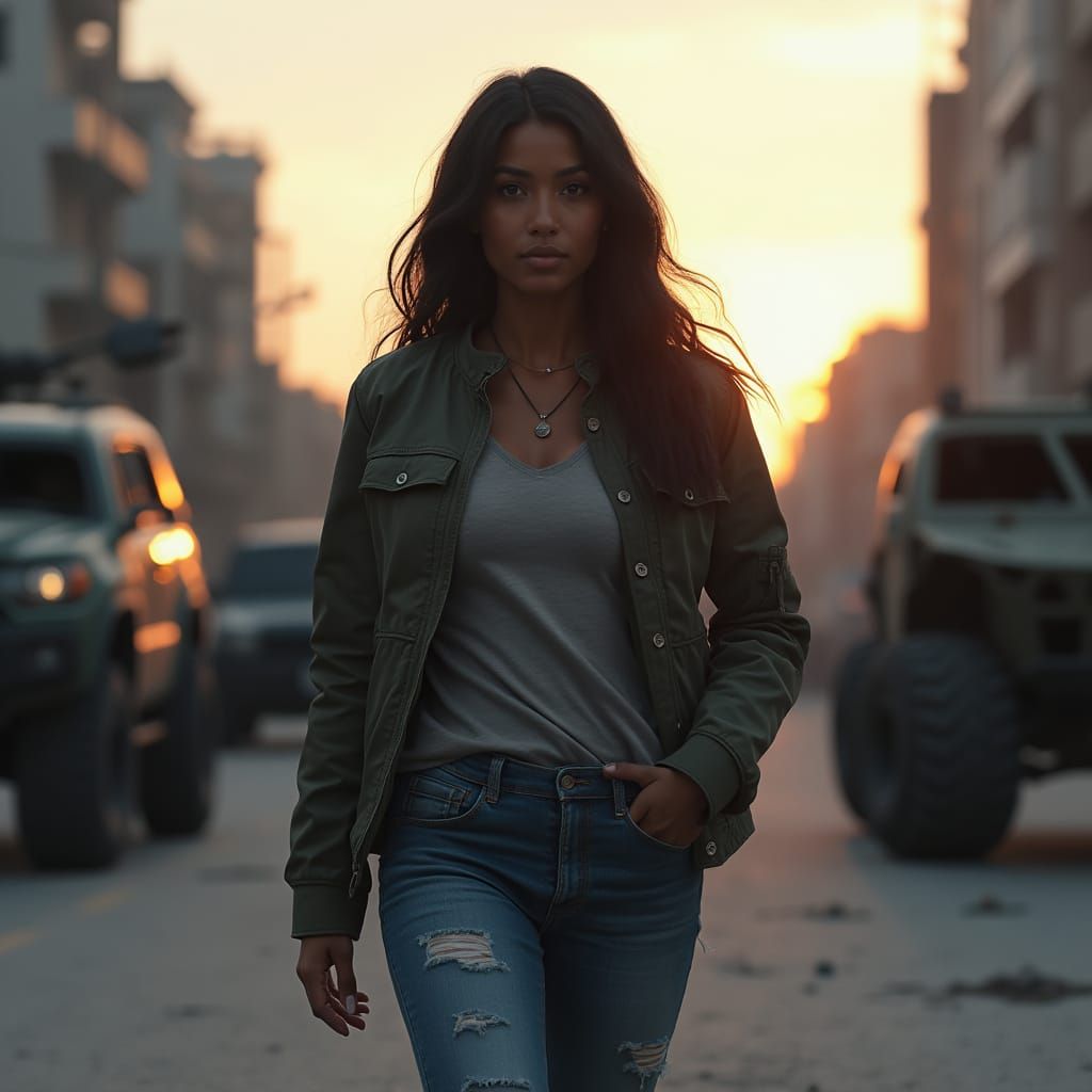 African American Woman in Dystopian City Action Scene